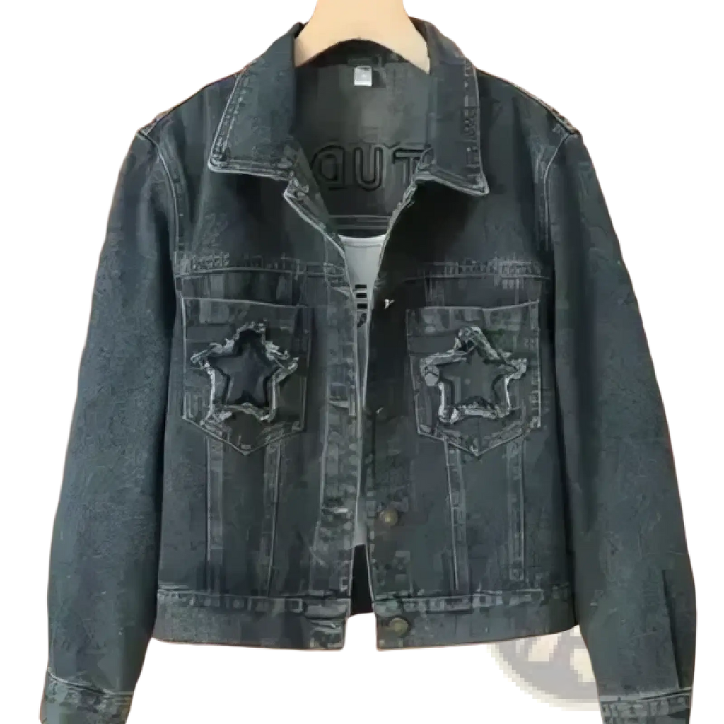 Embroidered star denim jacket in dark-wash featuring star-shaped patches on the front pockets