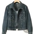 Embroidered star denim jacket in dark-wash featuring star-shaped patches on the front pockets