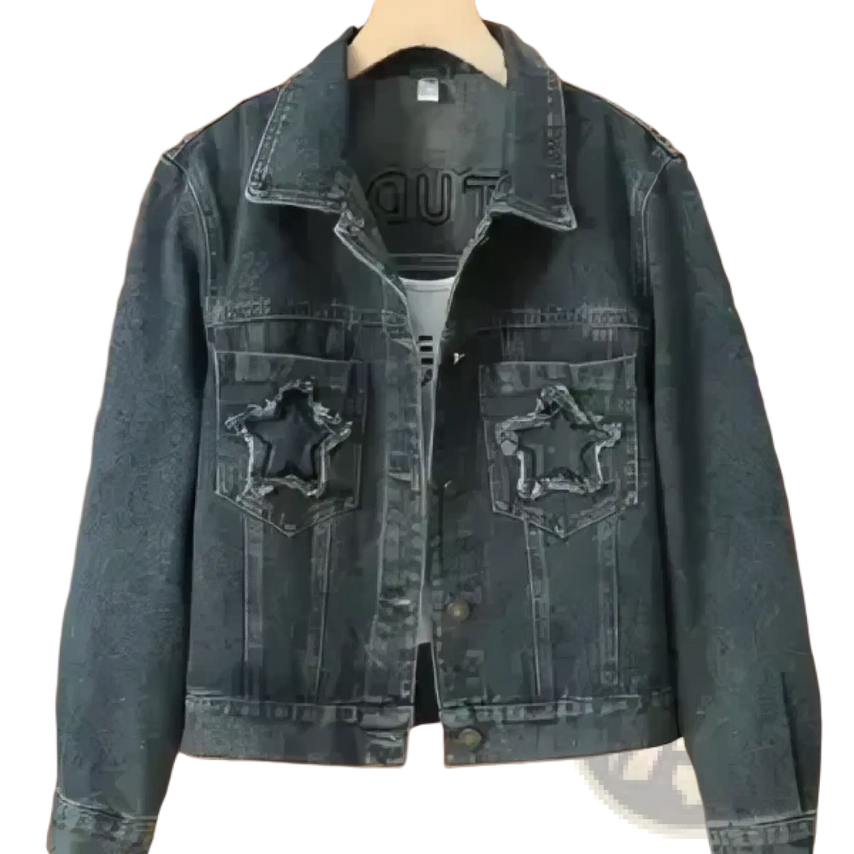 Embroidered star denim jacket in dark-wash featuring star-shaped patches on the front pockets