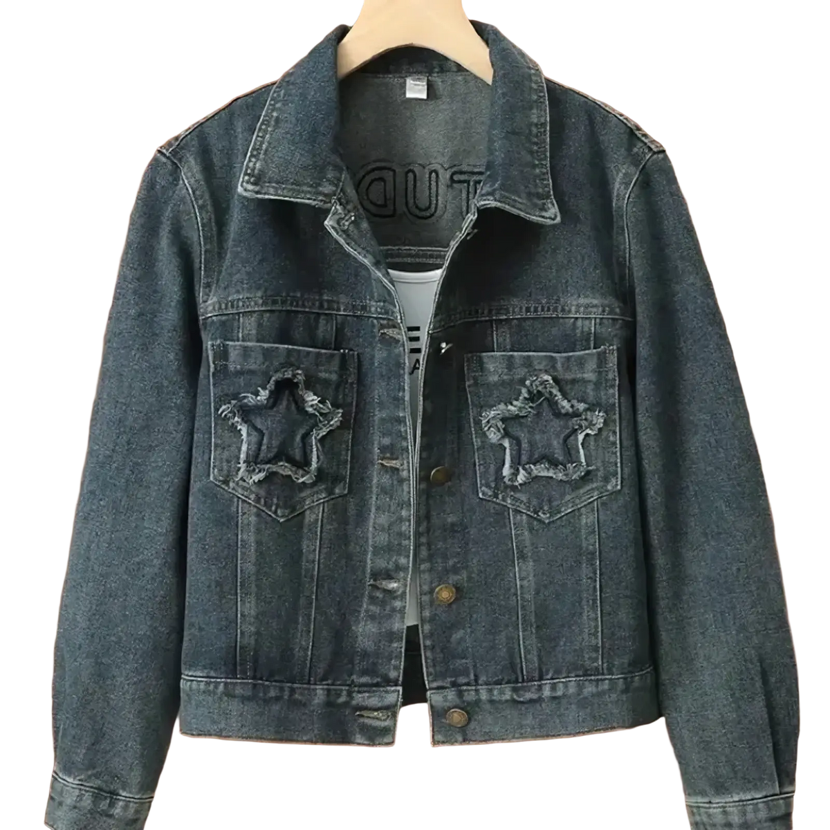 Dark blue denim jacket with distressed embroidered star patches on front pockets for casual wear