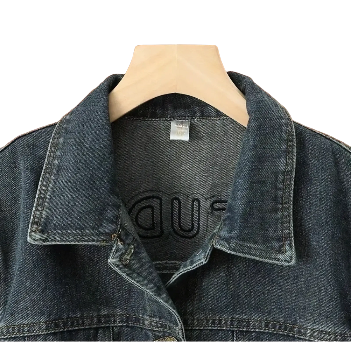 Dark blue embroidered star denim jacket with stitched collar and embroidered logo on the inside