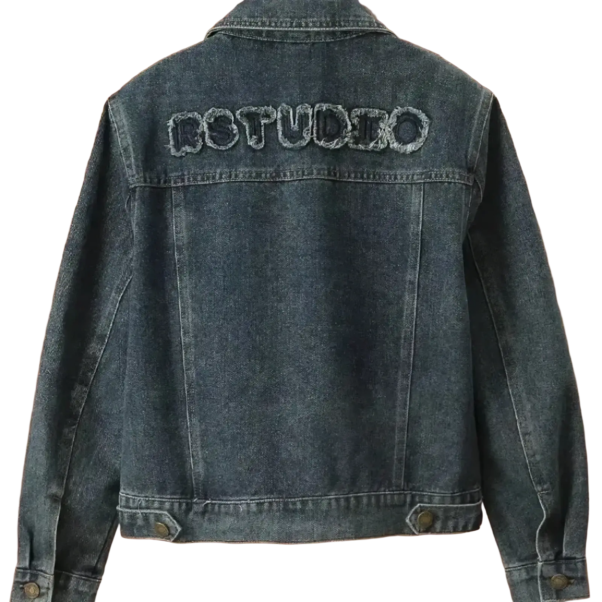 Back side of dark blue denim jacket with rstudio embroidered in distressed font featured in embroidered star denim jacket