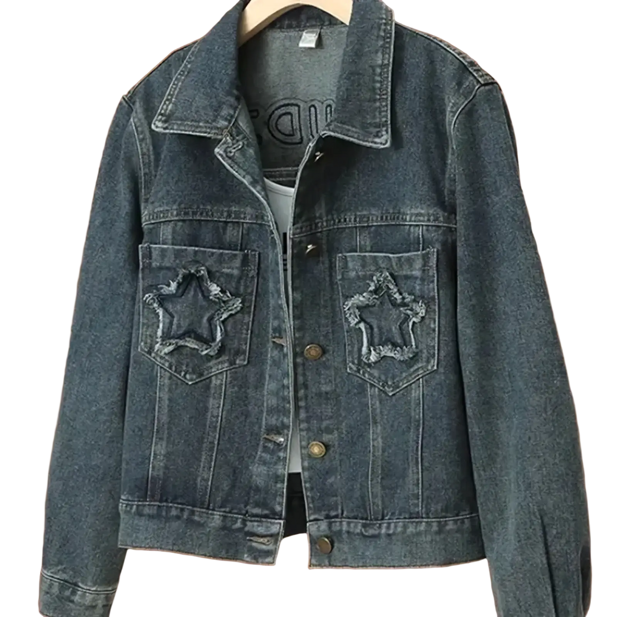 Dark blue denim jacket with star-shaped embroidered patches on front pockets for stylish casual wear