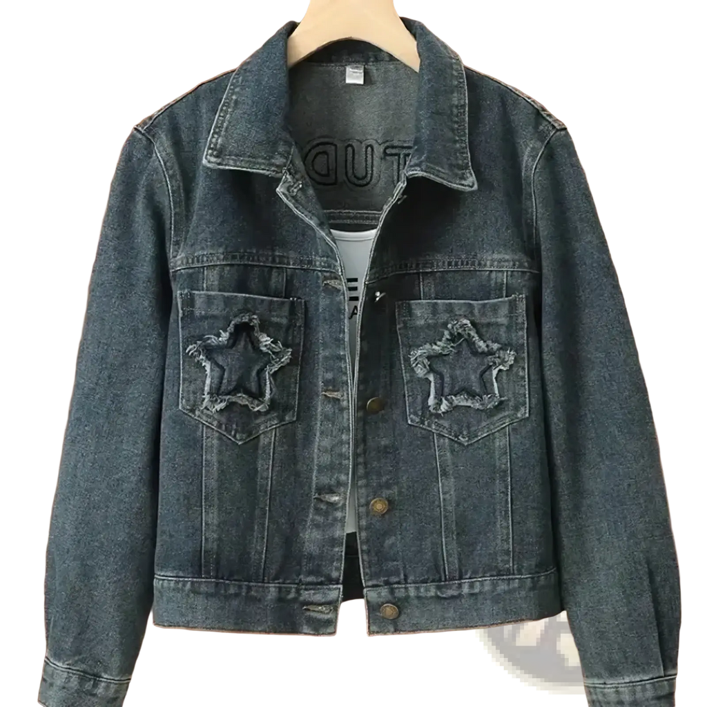 Dark blue denim jacket with distressed embroidered star patches on front pockets for casual wear