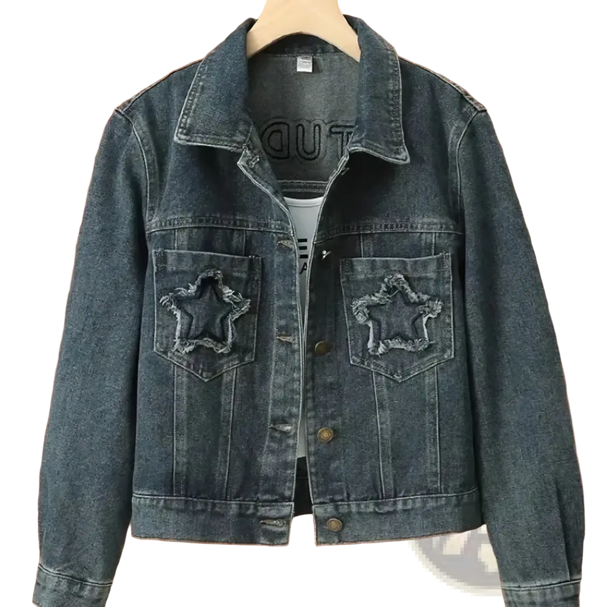 Dark blue denim jacket with distressed embroidered star patches on front pockets for casual wear
