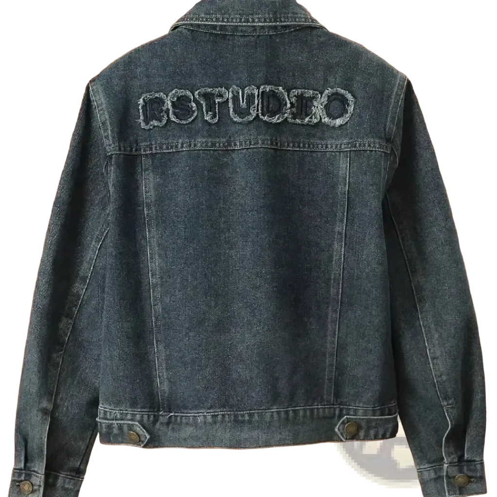 Back side of dark blue denim jacket with rstudio embroidered in distressed font featured in embroidered star denim jacket