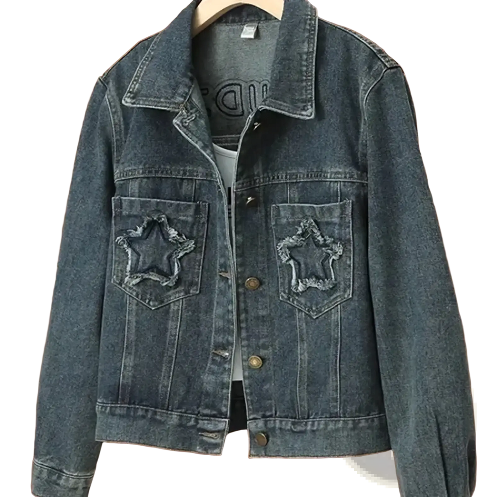 Dark blue denim jacket with star-shaped embroidered patches on front pockets for stylish casual wear