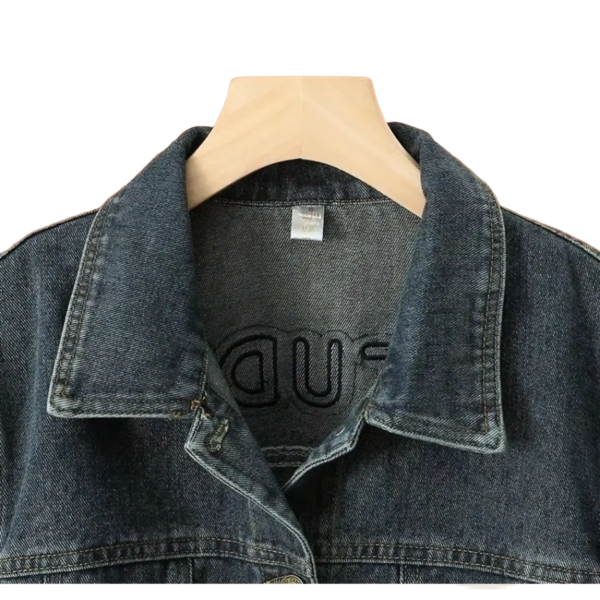 Dark blue embroidered star denim jacket with stitched collar and embroidered logo on the inside