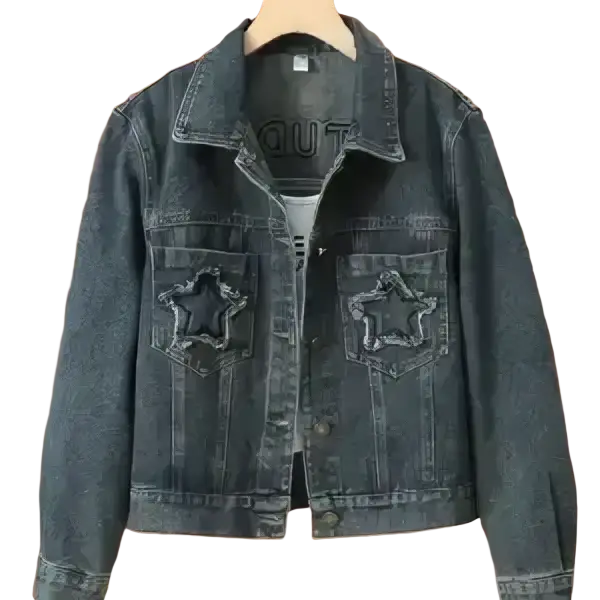 Embroidered star denim jacket in dark-wash featuring star-shaped patches on the front pockets