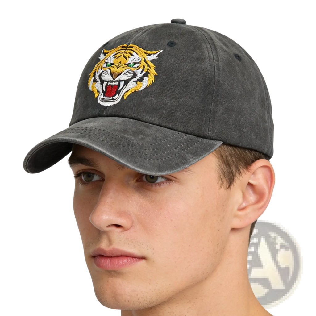 Embroidered tiger baseball cap unisex cotton hat in dark gray with a vibrant yellow and red tiger logo