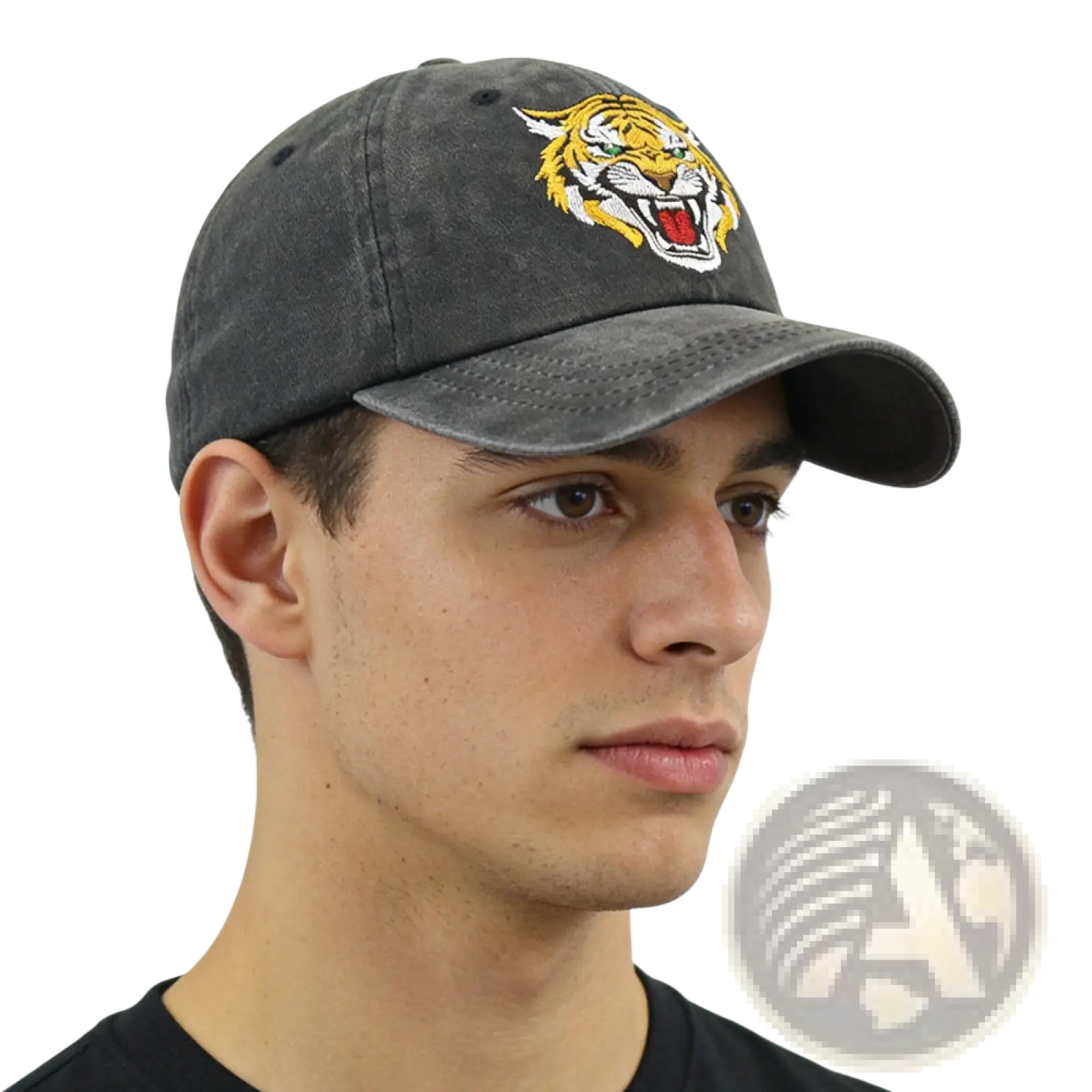A dark gray distressed unisex cotton baseball cap with a vibrant embroidered tiger logo in yellow white and red