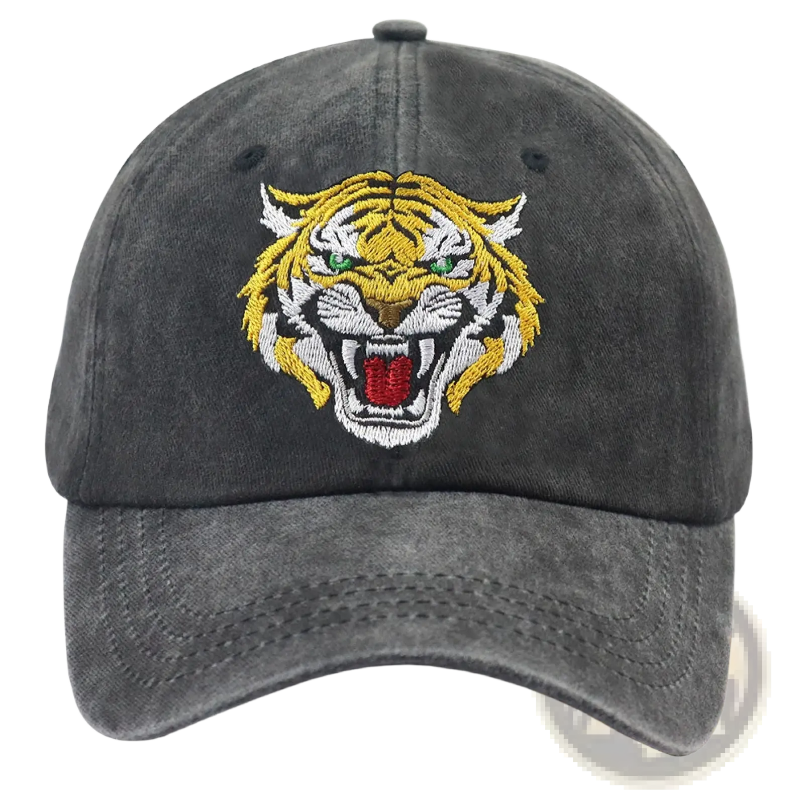 A dark gray distressed cotton unisex baseball cap with vibrant embroidered yellow tiger face and green eyes