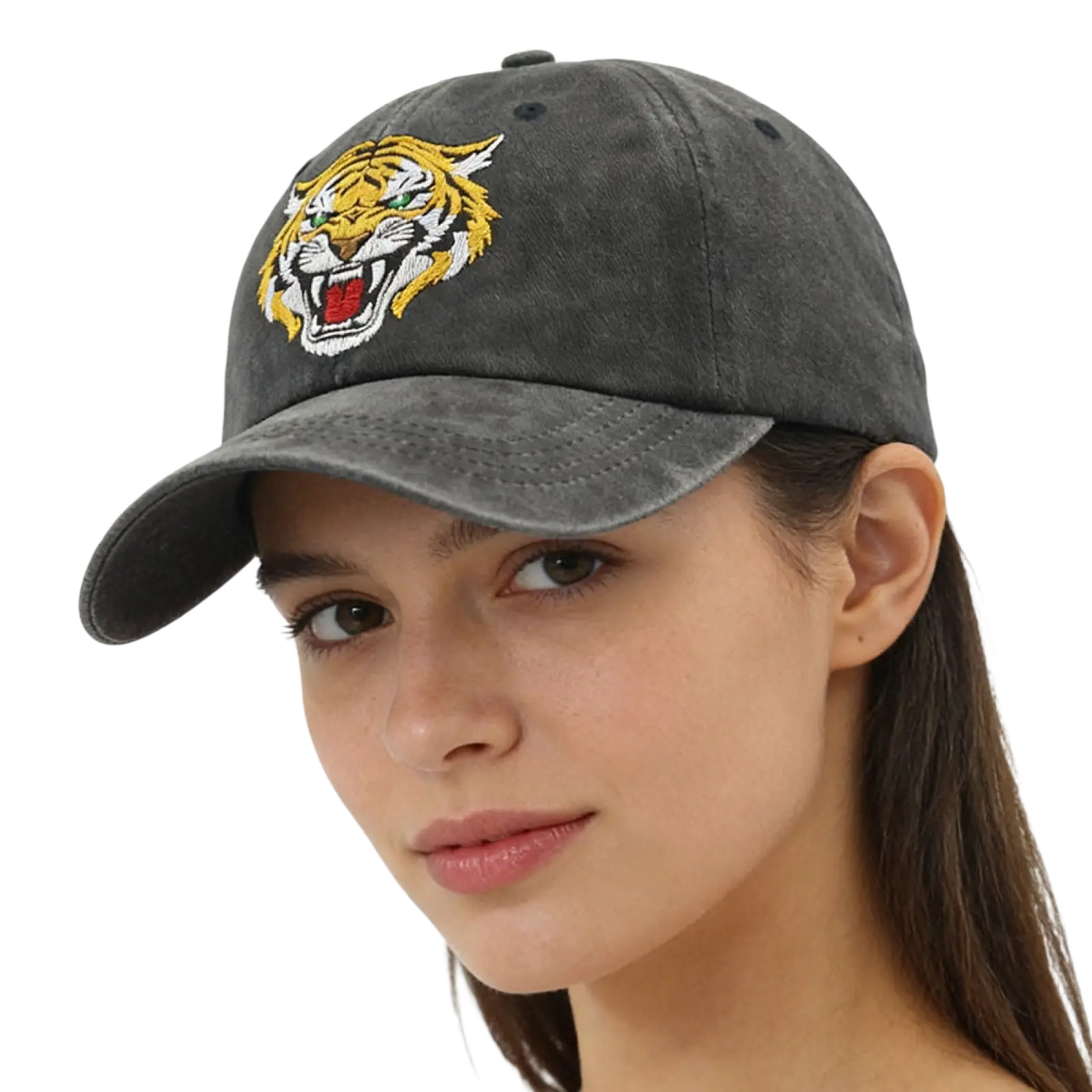 A dark gray distressed cotton baseball cap with a vibrant embroidered tiger face in yellow white and red