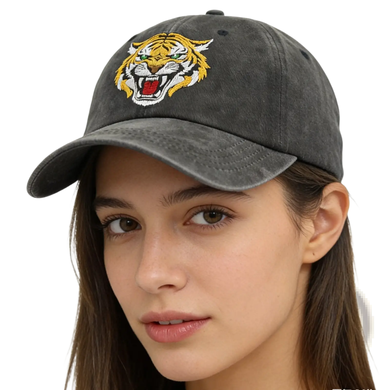 A dark gray distressed unisex cotton baseball cap with a vibrant embroidered tiger in yellow, white, and red accents
