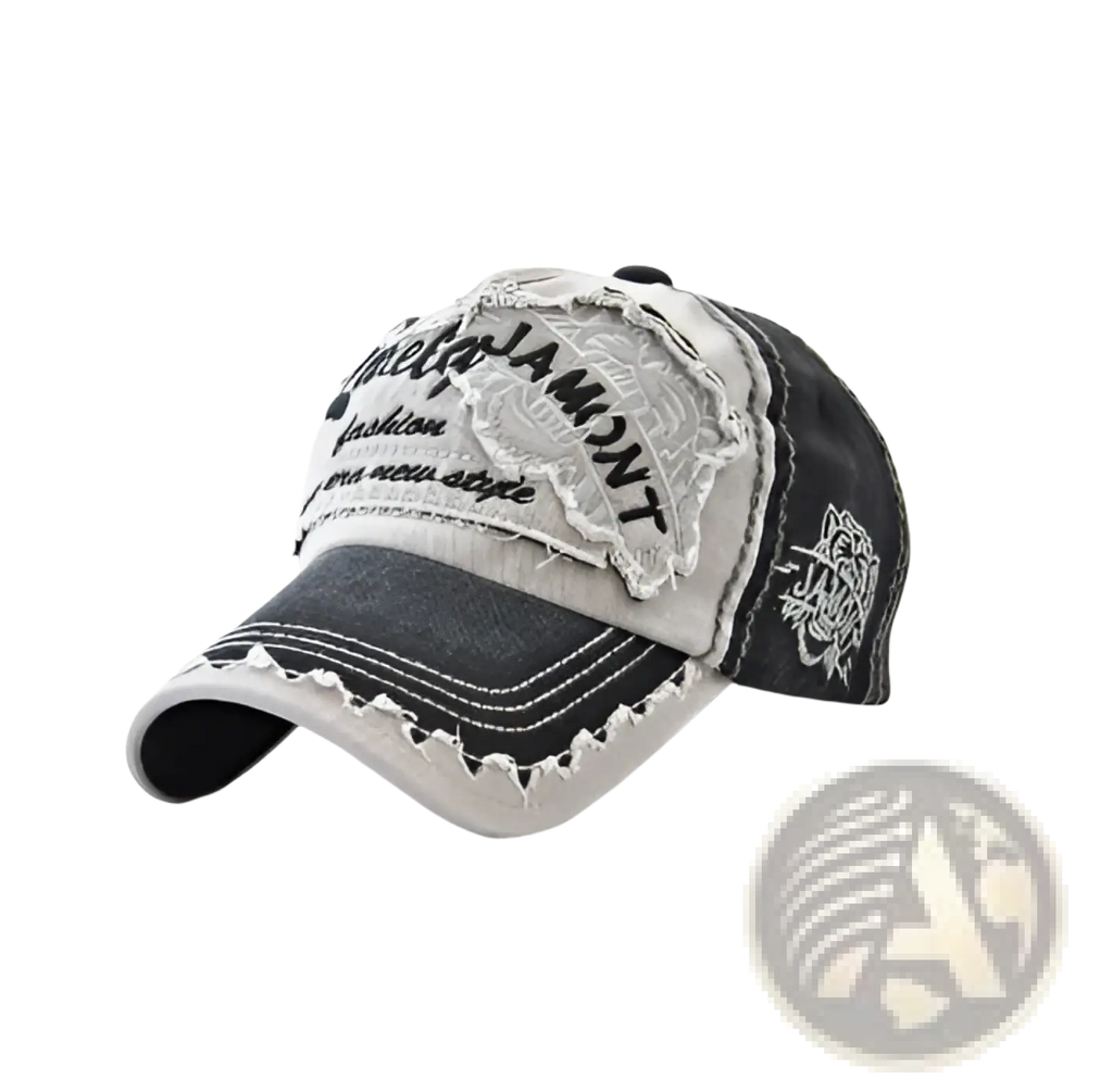 Embroidered tiger patch distressed denim baseball cap with faded gray and black panels and frayed edges