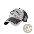 Embroidered tiger patch distressed denim baseball cap with faded gray and black panels and frayed edges