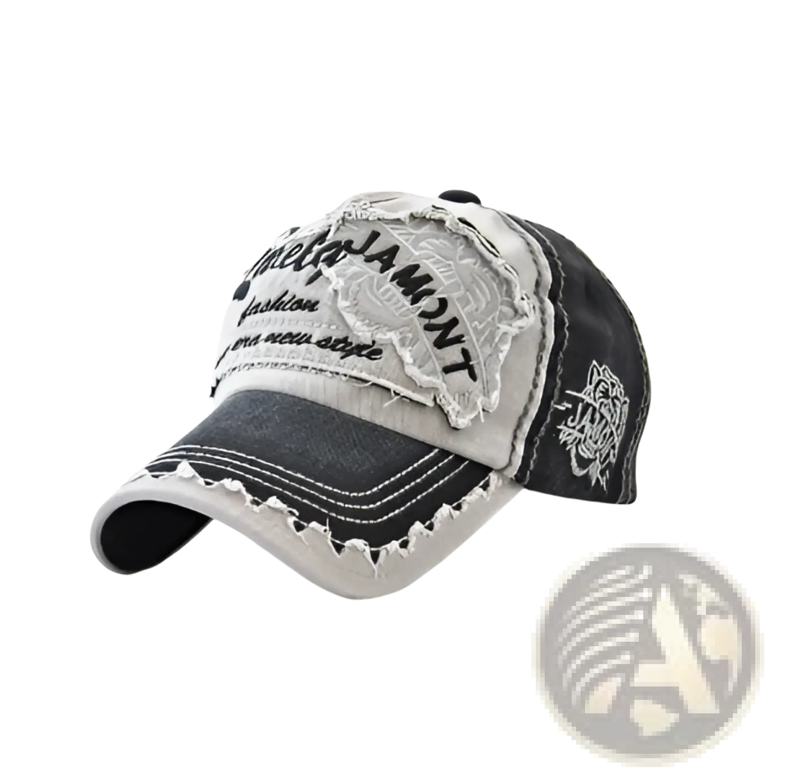 Embroidered tiger patch distressed denim baseball cap with faded gray and black panels and frayed edges