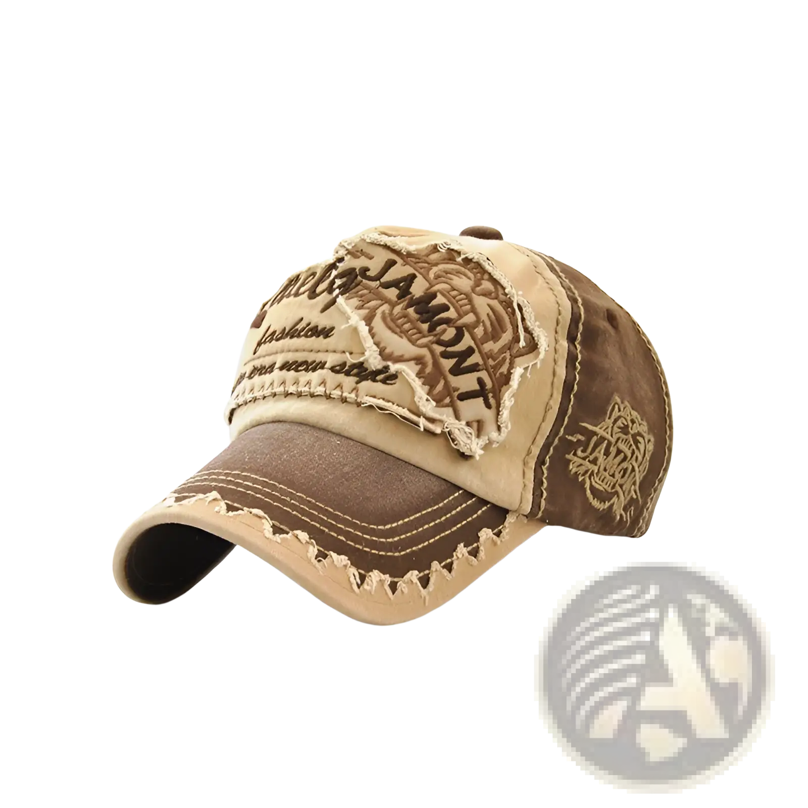 Beige and brown distressed baseball cap with embroidered jamont patch frayed edges and stitched detailing