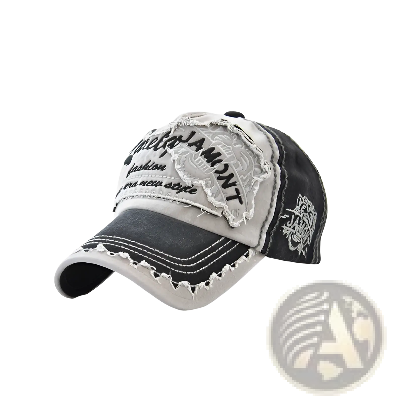 A distressed black and gray denim baseball cap with embroidered tiger patch and contrasting white stitching