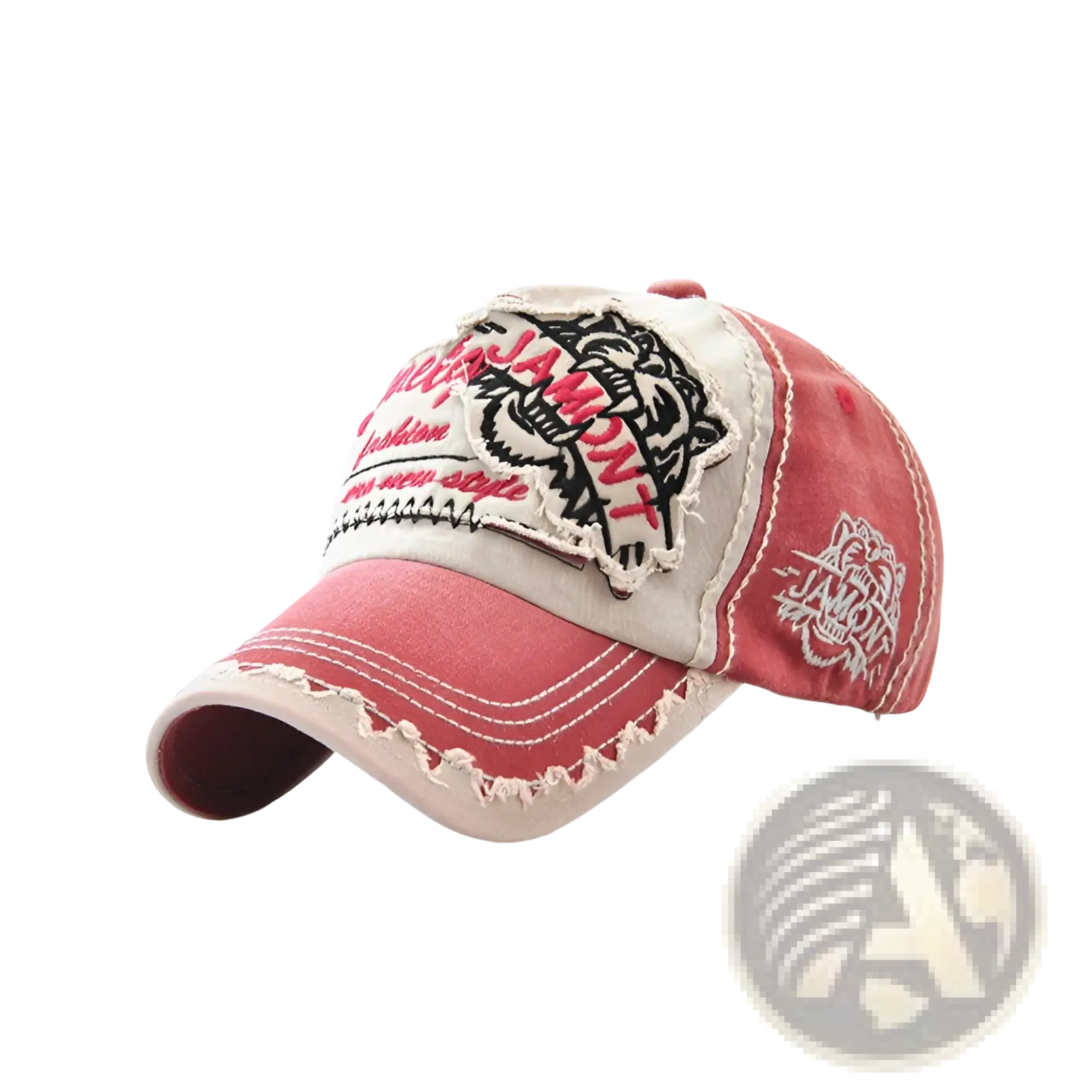A distressed red and beige baseball cap with an embroidered black white and pink tiger patch on the front