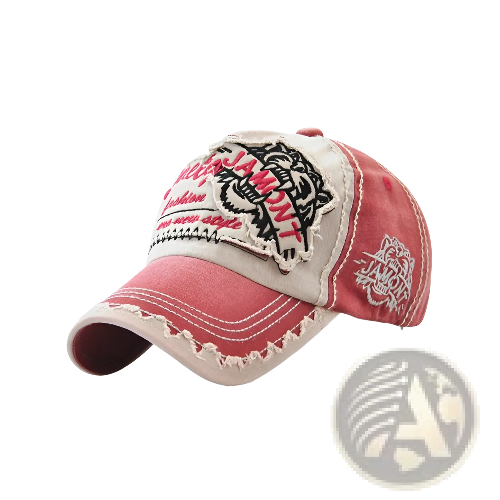 A distressed red and beige baseball cap featuring an embroidered tiger patch with black and pink lettering