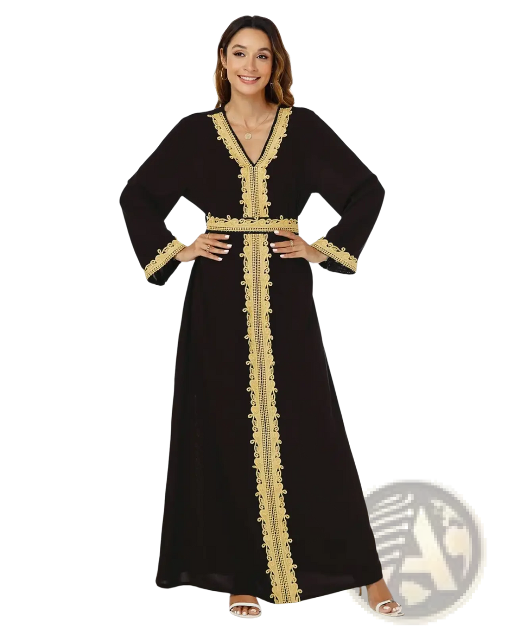 Black embroidered v-neck long sleeve maxi dress with intricate gold embroidery on front placket cuffs and waistband
