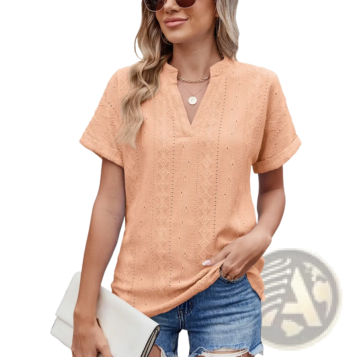 Peach-colored short-sleeved embroidered v-neck summer blouse with delicate diamond-patterned eyelet design