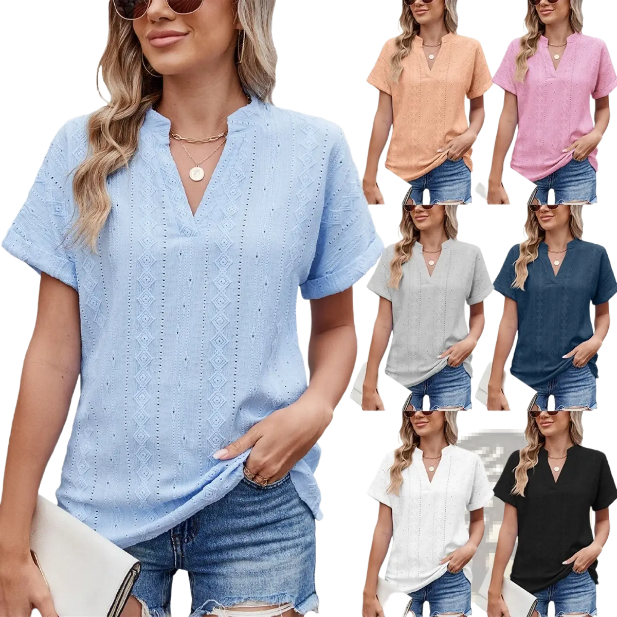 Light blue embroidered v-neck summer blouse with short sleeves and diamond-patterned eyelet embroidery