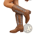 Brown leather embroidered western cowboy boots with blue and white floral patterns pointed toe chunky heel