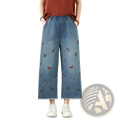 Light blue denim wide-leg jeans featuring colorful embroidered dragonflies in red orange and teal