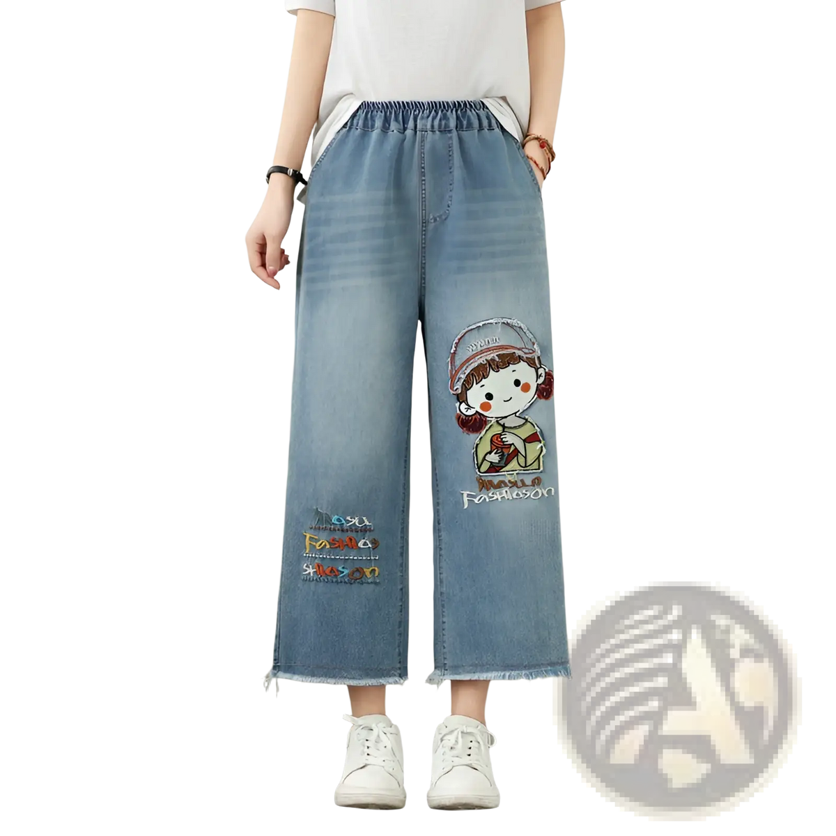 Embroidered wide leg light-wash denim jeans with cartoon girl embroidery and colorful patchwork details