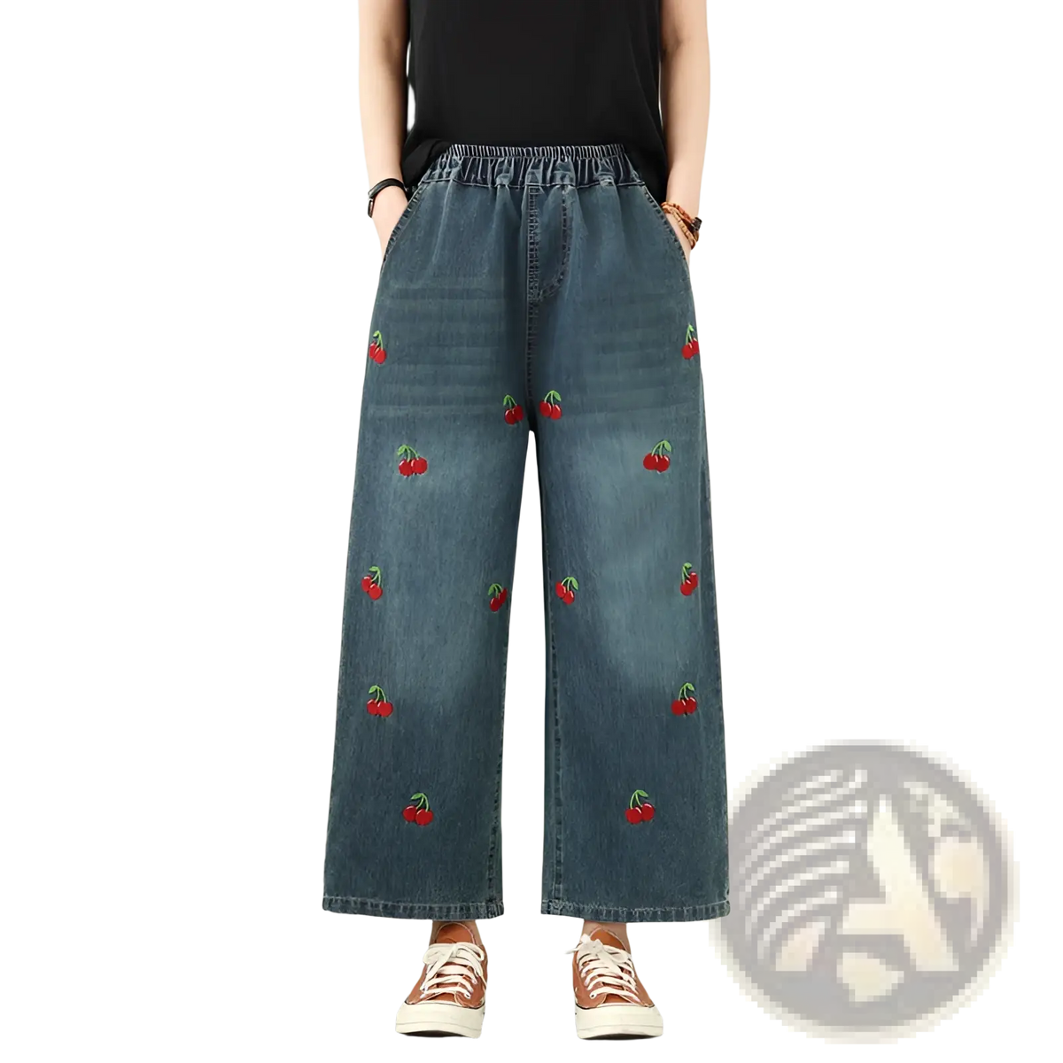 Blue denim wide leg jeans featuring red cherry embroidery on the front for a stylish casual look