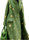 An olive green embroidered woolen overcoat for women with gold star and crescent moon appliqués