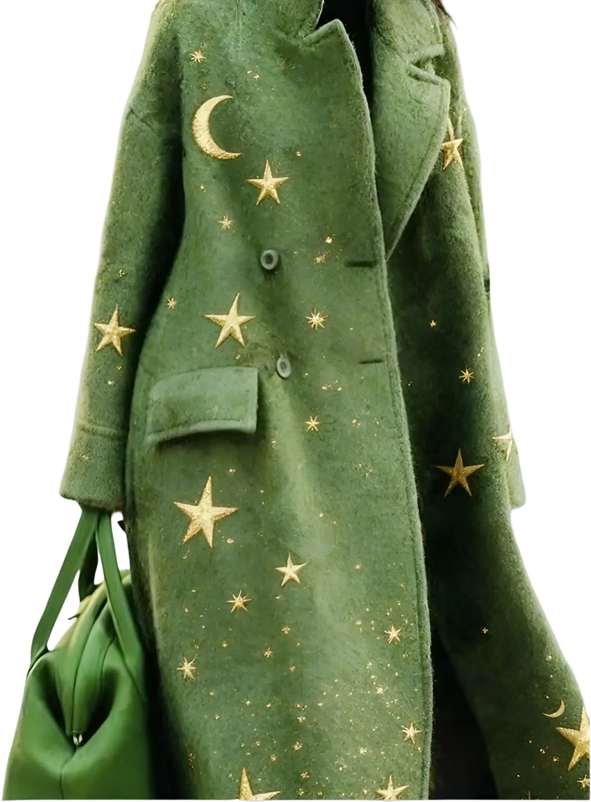 An olive green embroidered woolen overcoat for women with gold star and crescent moon appliqués