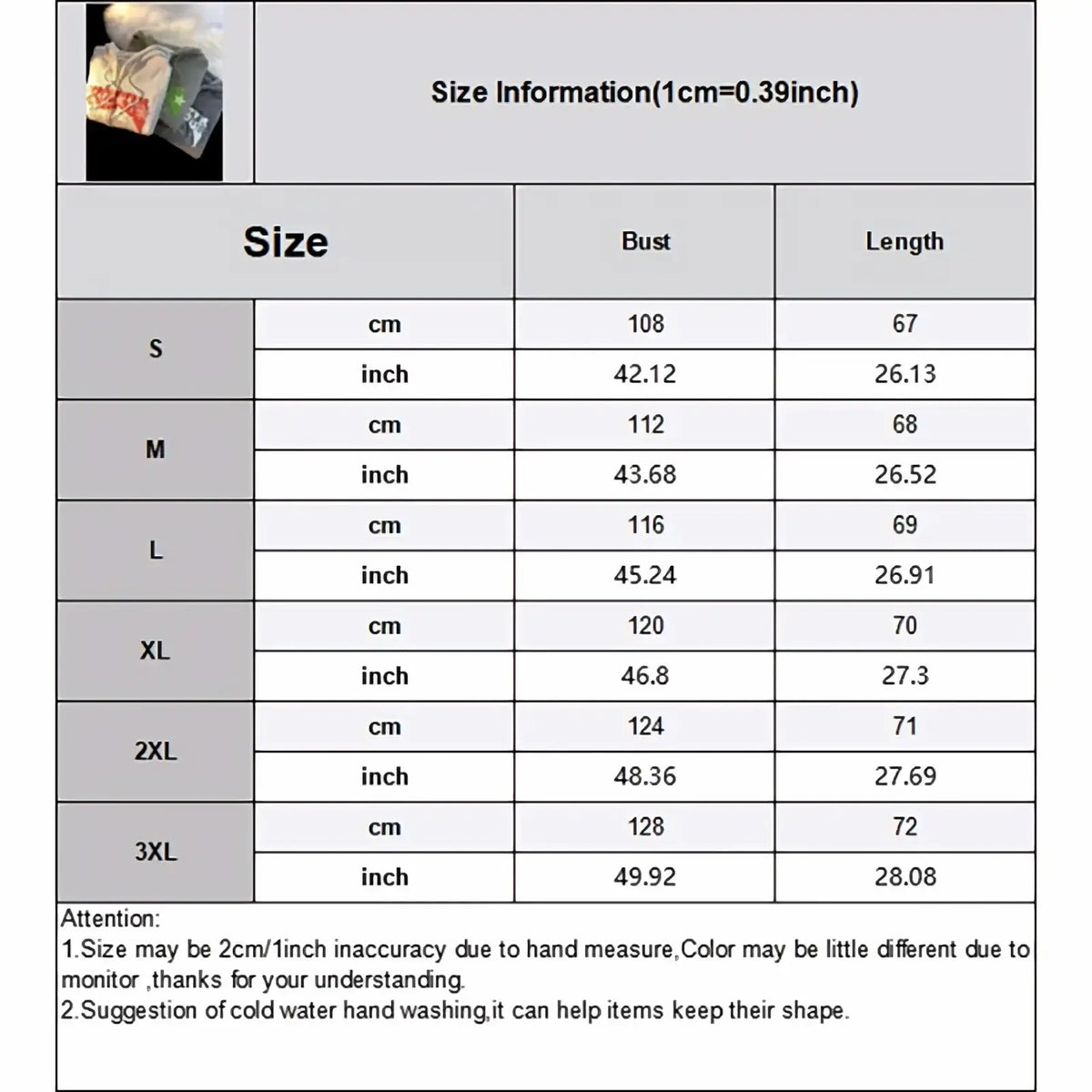 Size chart for embroidered Y2k zip up corduroy hoodie showing bust and length measurements in cm and inches for sizes S to 3XL