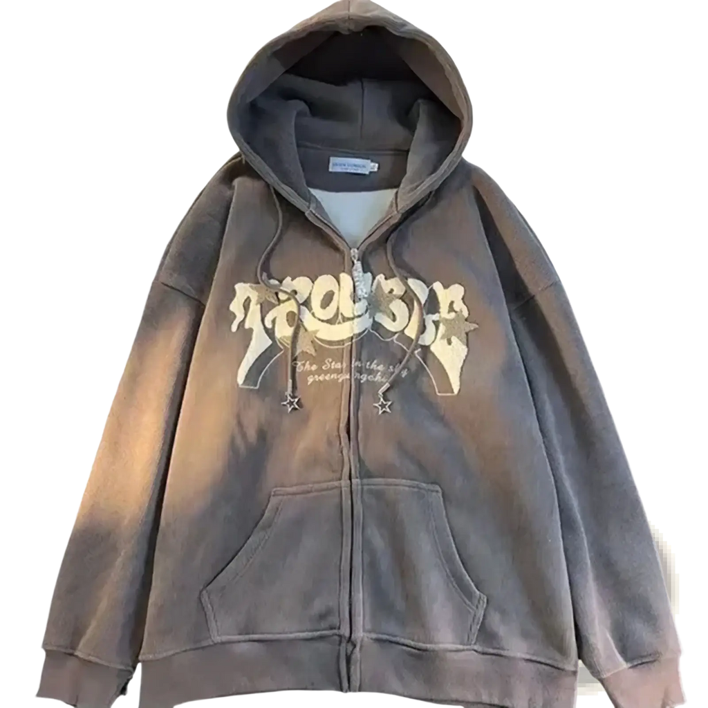 Embroidered y2k zip up corduroy hoodie in dark gray with distressed fabric and faded trouble graphic with star details