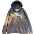 Embroidered y2k zip up corduroy hoodie in dark gray with distressed fabric and faded trouble graphic with star details