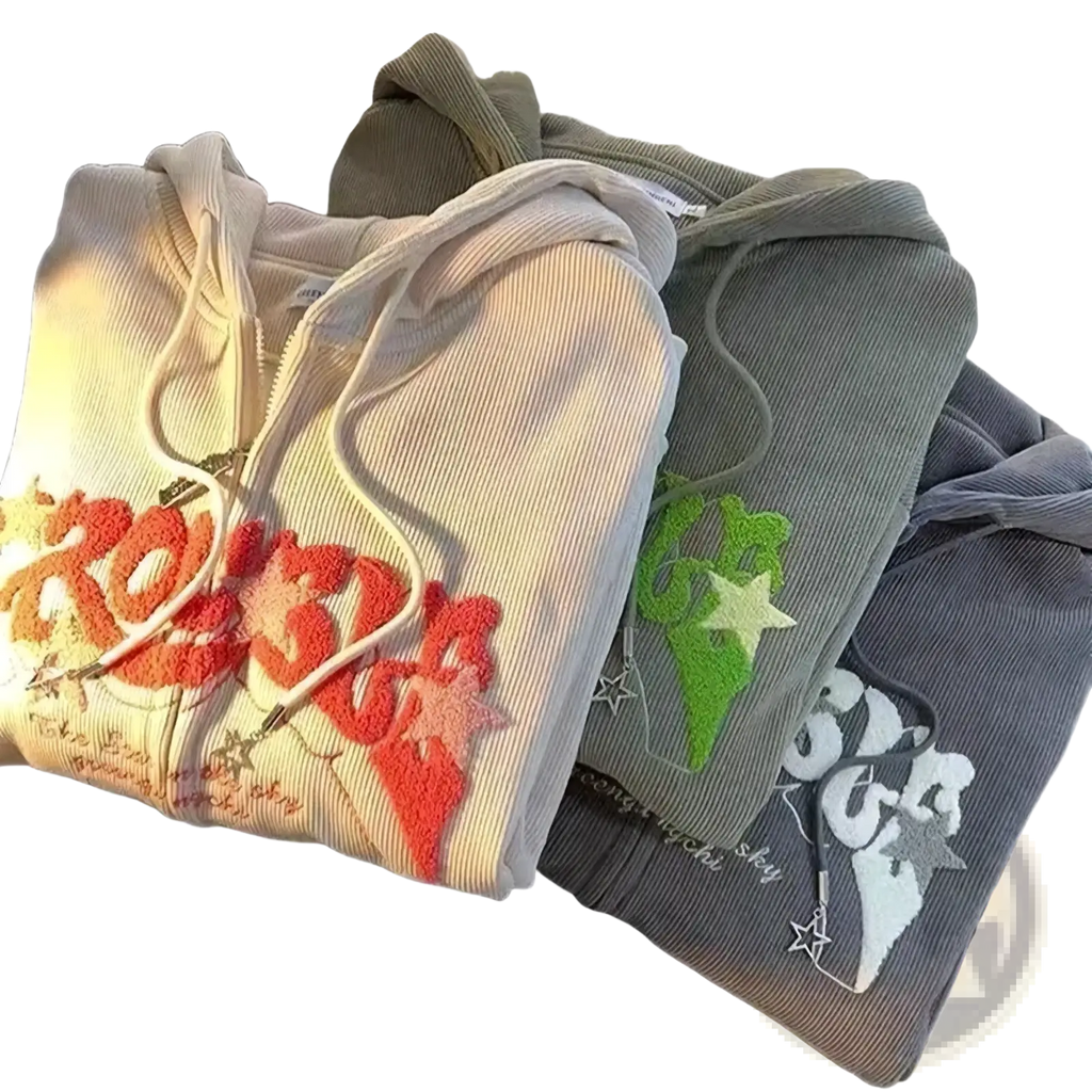 Three embroidered Y2k zip up corduroy hoodies in beige olive green and gray with bold lettering and star accents