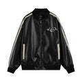 Men’s black glossy pu leather bomber jacket with white stripe accents and blackets logo on the chest
