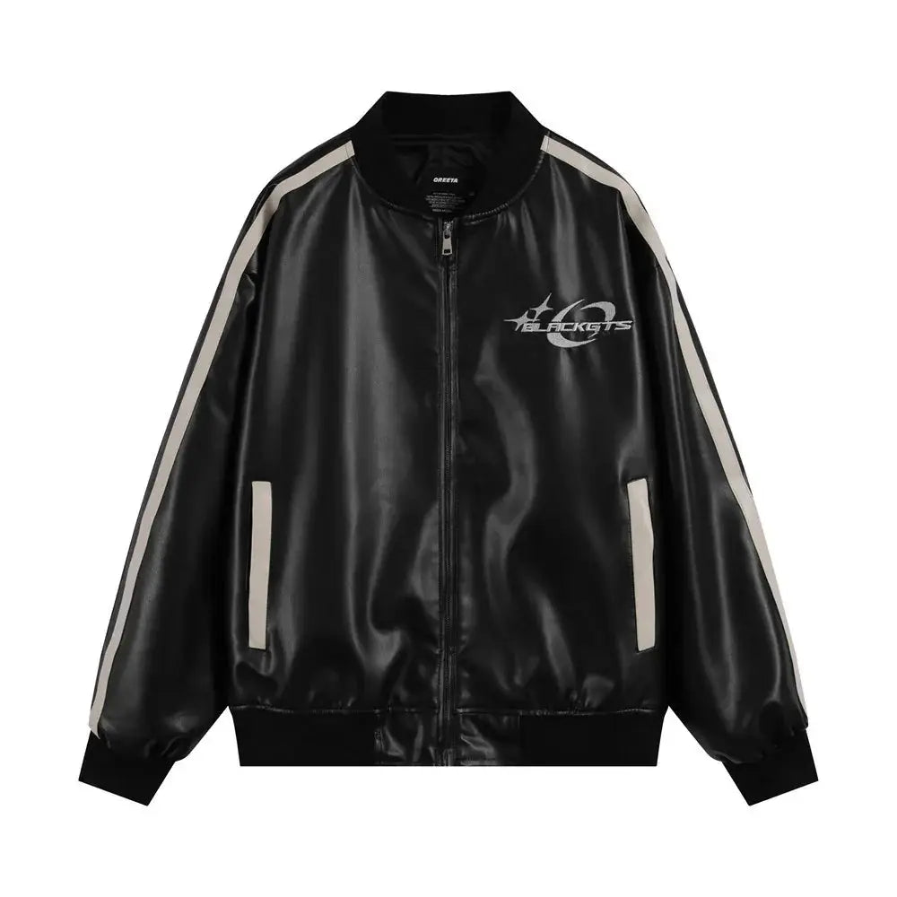 Men’s black glossy pu leather bomber jacket with white stripe accents and blackets logo on the chest
