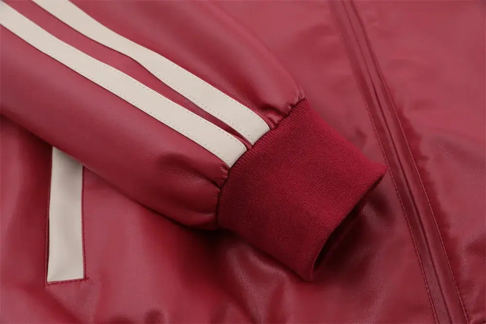 Men’s embroidered stand collar pu leather statement jacket in red with white adidas three-stripe sleeve detailing