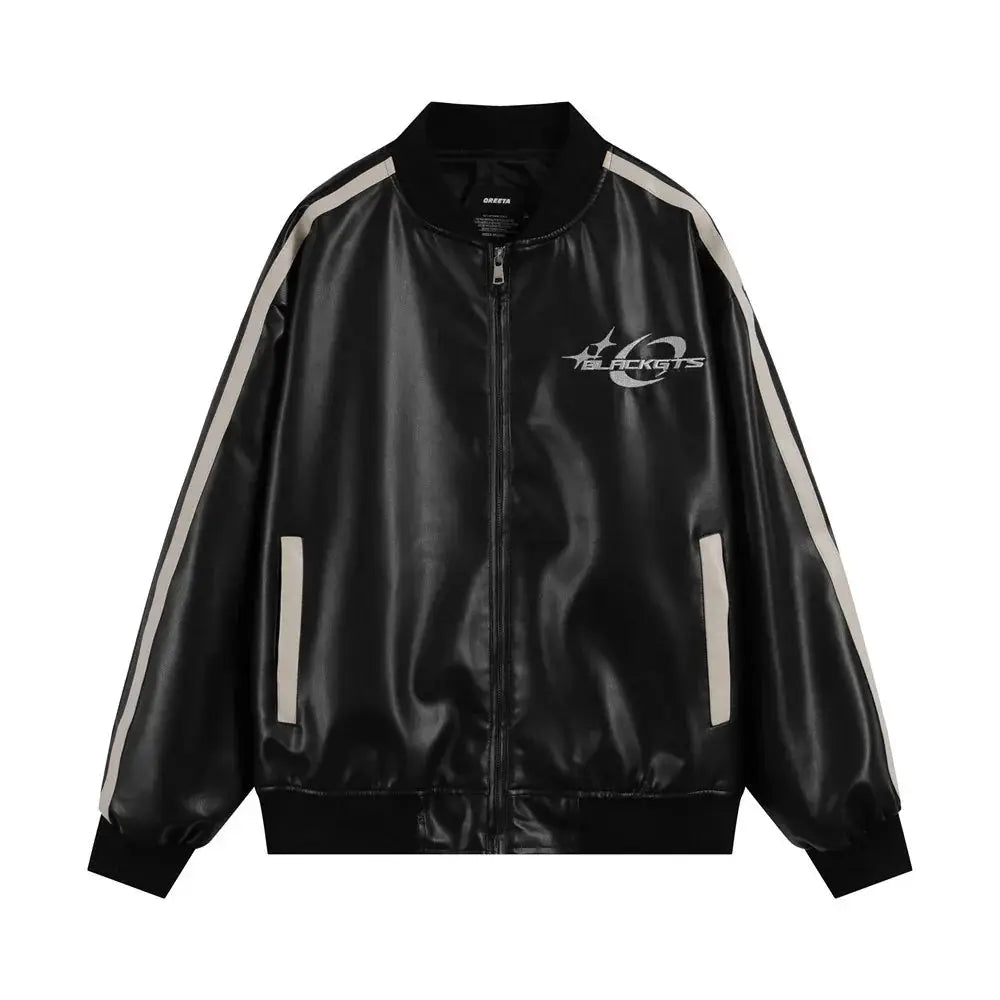 Men’s black glossy pu leather bomber jacket with white sleeve stripes and silver blackgts logo on the chest