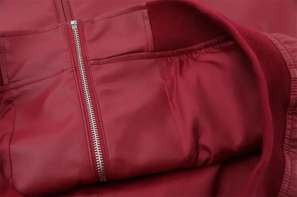 Men’s embroidered stand collar bomber jacket in red nylon with silver zipper and pu leather statement details