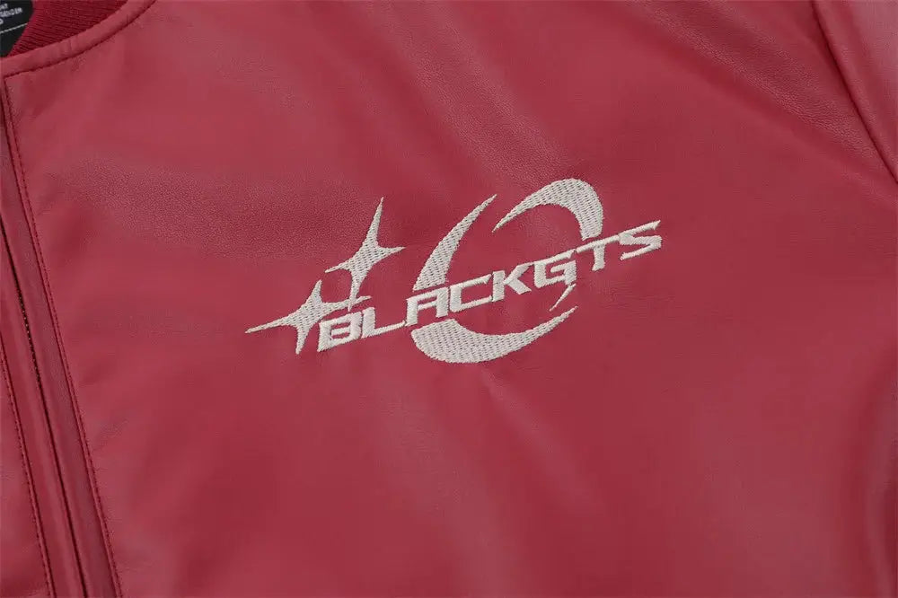 Men’s red stand collar pu leather bomber jacket with white embroidered blackgts logo star and circular design