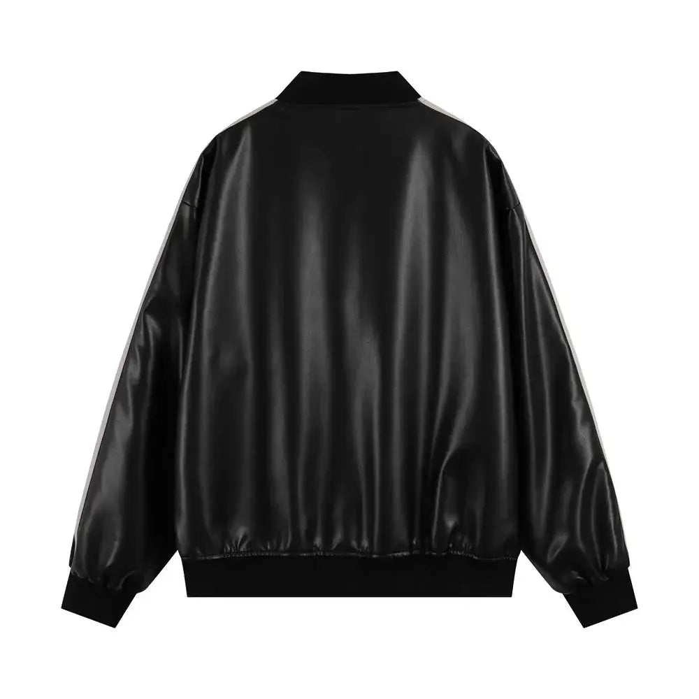 Men’s black glossy faux leather bomber jacket with ribbed cuffs and hem featuring an embroidered stand collar