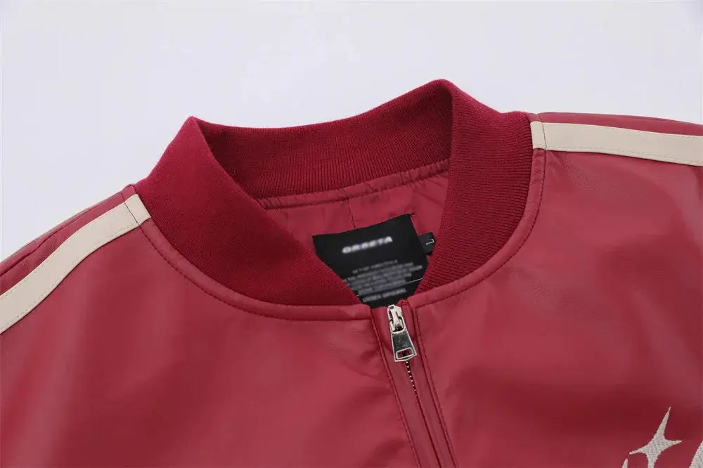 Men’s red pu leather stand collar bomber jacket with cream stripes and black brand tag embroidered for statement style
