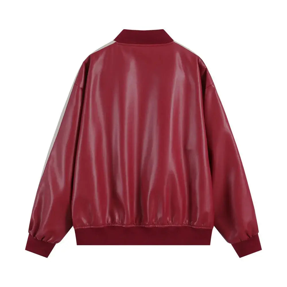 Men’s glossy maroon pu leather bomber jacket with white sleeve stripes and stand collar embroidery