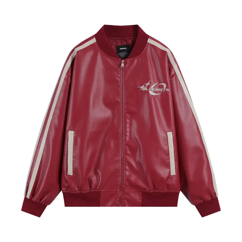 Glossy maroon men’s embroidered stand collar pu leather bomber jacket with white sleeve stripes and chest logo