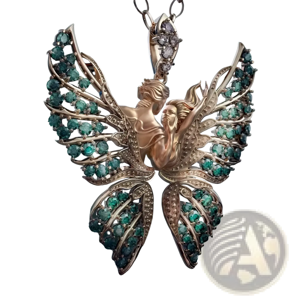 A gold-toned emerald angel wing butterfly pendant necklace with intertwined figures and gemstone accents on a chain
