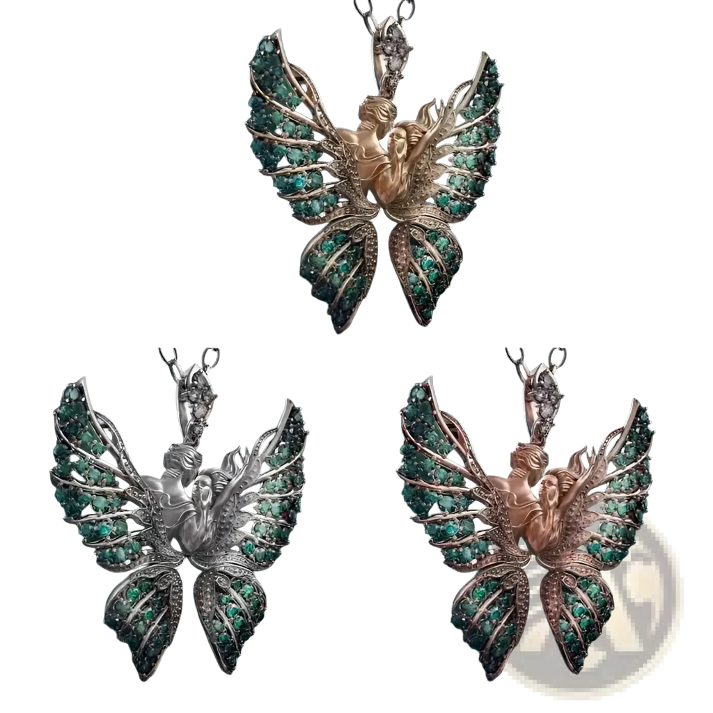 Elegant emerald angel wing butterfly pendant necklace with intricate silver, rose gold, or white gold designs